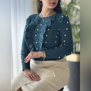 Industry Front Ruffle Green Sweater Women’s Large with Faux Pearls Elegant